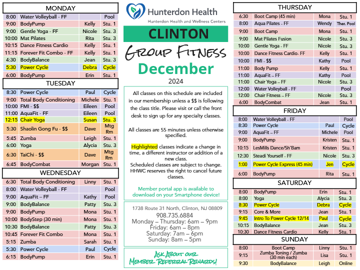 December Clinton Group Fitness Schedule 