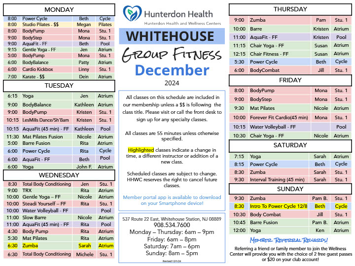 Whitehouse Group Fitness Schedule - December