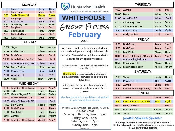 February Whitehouse Group Fitness Schedule 2025