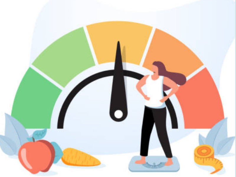 Scale, woman, fruits and vegetables