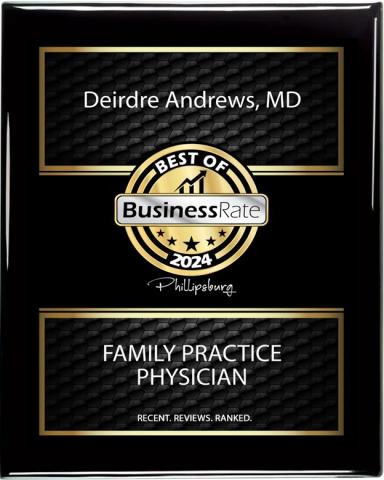 Deirdre Andrews, M.D. who received the Phillipsburg Best of 2024 award for the family practice physician category.  The award was presented to Dr. Andrews based on customer feedback and online reviews.   